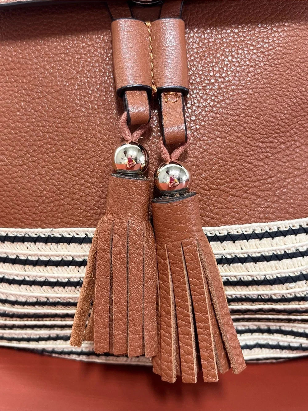 Rebecca Minkoff Cognac Brown Leather Raffia Backpack Purse Convertible Strap